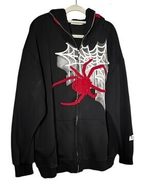 ELFRIC EDEN Spider Web Full Zip Graphic Gothic Hoodie Black Red White Size Large